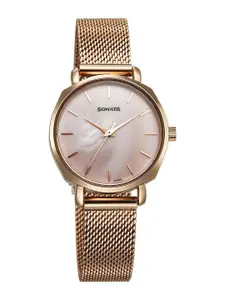 Sonata Women Brass Dial & Bracelet Style Straps Analogue Watch 87087WM01