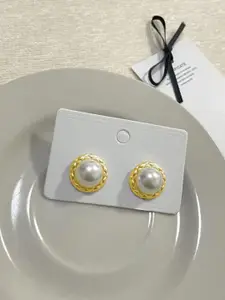VAGHBHATT Gold-Plated Pearls Beaded Textured Rim Circular Studs