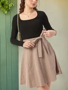 DressBerry Academia Core Textured Tie-Up Belt Fit & Flare Dress