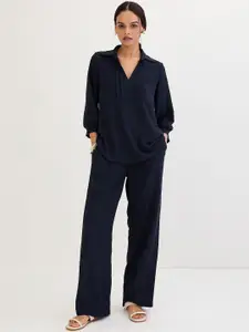 FEMMELLA Shirt Collar Neck Pin-Tucks Details Top With Trousers Co-Ords