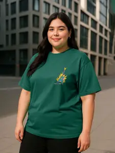 JUNEBERRY Women Cotton Green Printed Round Neck Pure Cotton Plus Size Tshirt