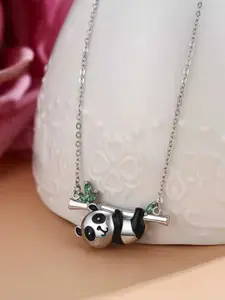 Bling Queen Silver-Plated Cubic Zirconia Studded Panda Bear Pendant Necklace