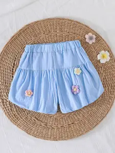 INCLUD Girl's Loose Fit Mid-Rise Cotton Embroidered Above Knee Shorts