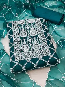 Panzora Floral Embroidered Thread Work Organza Unstitched Dress Material