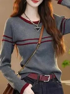 StyleCast Women Striped Round Neck Full Sleeves Pullover Sweaters