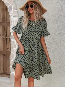 StyleCast Green Tropical Print Bell Sleeves Layered A-Line Dress