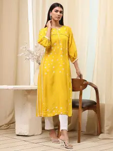 Biba Women Floral Embroidered  Straight Calf Length Thread Work Kurta
