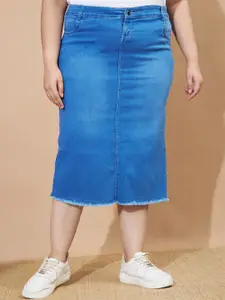 Purple Feather Plus-Size Washed Pencil Stretchable Midi Skirt