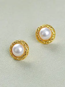 VAGHBHATT Gold-Plated Pearls Beaded Textured Rim Circular Studs