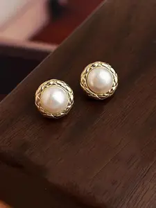 VAGHBHATT Gold-Plated Pearls Beaded Textured Rim Circular Studs