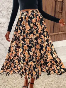 Outzidr Floral Printed Flared Maxi Skirt
