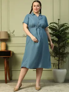 Oxolloxo Plus Size Collared Neck With Button Detail Elasticated Waist Tencel Denim Dress