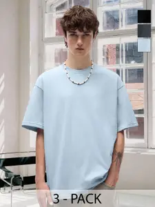 PRONK Men Pack of 3 Solid Round Neck Cotton Oversized T-shirts