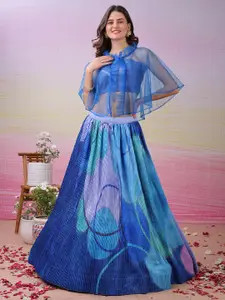 SAPTRANGI Printed Semi-Stitched Lehenga & Unstitched Choli & Cape