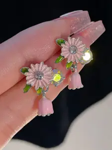 VAGHBHATT Silver-Plated Crystals Studded Floral Shaped Drop Earrings