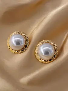 KRENOZ Gold-Plated Pearls Studded Circular Shaped Textured Rim Studs