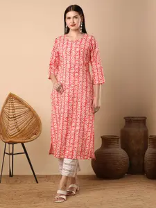 FASHOR Geometric Printed Notch Neck Pure Cotton Straight Kurta
