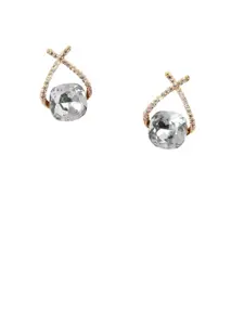 KRENOZ Gold-Plated Cubic Zirconia Studded Contemporary Shaped Drop Earrings