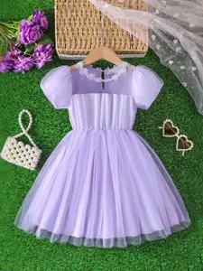 INCLUD Girls Round Neck Lace Inserts Detail Fit & Flare Dress