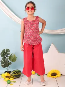 Sangria Girls Floral Printed Round Neck Pure Cotton Top With Palazzos