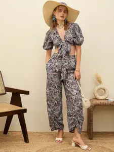 SASSAFRAS Printed Crop Top With Trousers Co-Ords