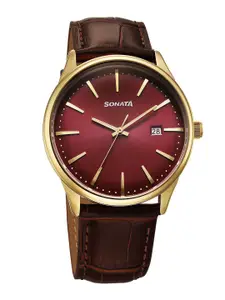 Sonata Eternia Men Brass Round Dial & Leather Straps Analogue Watch 77166YL02