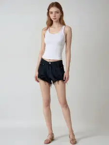 Outzidr Women Solid Frayed Denim Shorts