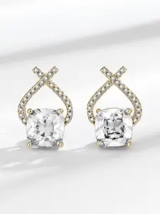 VAGHBHATT Gold-Plated CZ Studded Geometric Cushion-Cut Studs With Crossover Crystal Arch