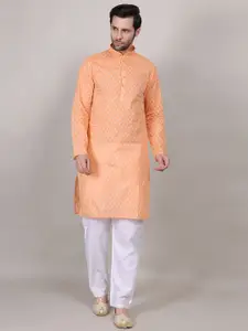4u Fashion Geometric Woven Design Mandarin Collar Cotton Straight Kurta