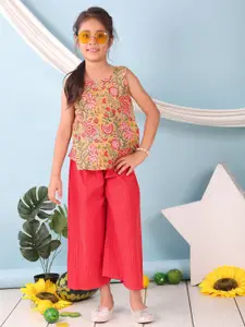 Sangria Girls Floral Printed Round Neck Pure Cotton Top & Palazzo