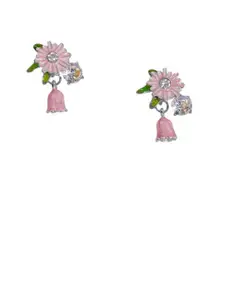 KRENOZ Silver-Plated Crystals Studded Floral Shaped Drop Earrings