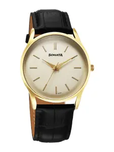 Sonata Eternia Men Brass Embellished Dial & Leather Straps Analogue Watch 77140YL01