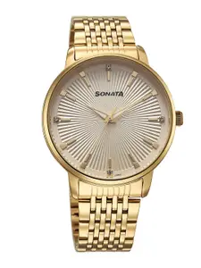 Sonata Men Brass Dial & Bracelet Style Straps Analogue Watch 77156YM01