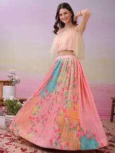 SAPTRANGI Printed Semi-Stitched Lehenga & Unstitched Choli & Cape