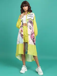 Tokyo Talkies Printed Shirt Collar Neck Longline Shirt With Shorts Co-Ords
