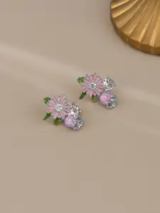 KRENOZ Silver-Plated Crystals Studded Floral Shaped Drop Earrings