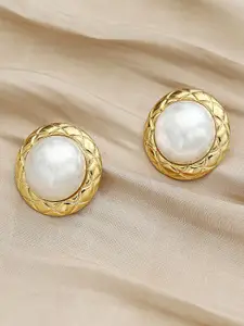 KRENOZ Gold-Plated Pearls Studded Circular Shaped Textured Rim Studs