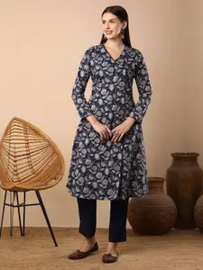 FASHOR Floral Printed Angrakha V-Neck Pure Cotton A-Line Flared Kurta