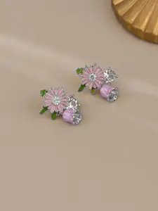 VAGHBHATT Silver-Plated Crystals Studded Floral Shaped Drop Earrings