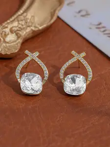 VAGHBHATT Gold-Plated CZ Studded Geometric Cushion-Cut Studs With Crossover Crystal Arch