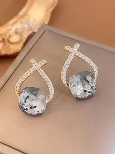 VAGHBHATT Gold-Plated CZ Studded Geometric Cushion-Cut Studs With Crossover Crystal Arch