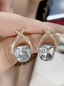 VAGHBHATT Gold-Plated CZ Studded Geometric Cushion-Cut Studs With Crossover Crystal Arch