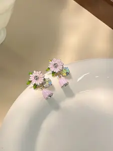 VAGHBHATT Silver-Plated Crystals Studded Floral Shaped Drop Earrings