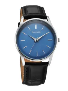 Sonata Men Brass Dial & Leather Straps Analogue Watch 77140SL03