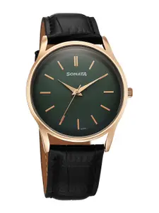 Sonata Men Brass Dial & Leather Straps Analogue Watch 77140WL02