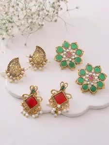 DASTOOR Set Of 3 Gold-Plated Floral Shaped Studs Earrings