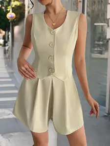 Outzidr Beige Waist Coat With Flared Shorts