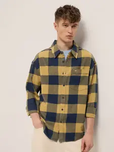 THE BEAR HOUSE Men Relaxed Fit Windowpane Checked Spread Collar Cotton Casual Shirt