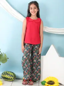 Sangria Girls Pure Cotton Top & Floral Printed Trousers Clothing Set