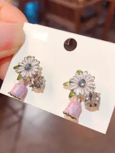 VAGHBHATT Silver-Plated Crystals Studded Floral Shaped Drop Earrings